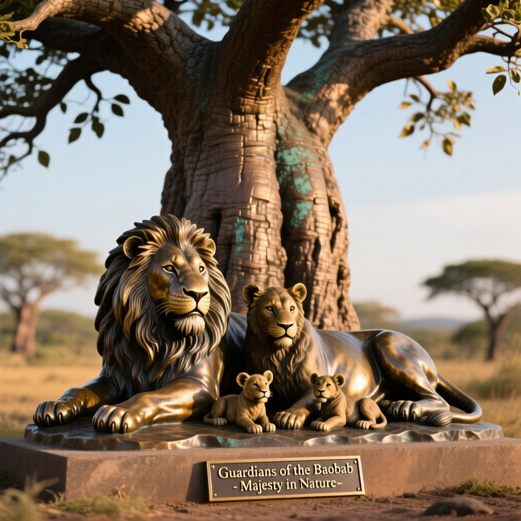 A family of lions lounging beneath a baobab tree, bathed in warm, natural light, evoking wonder and majesty