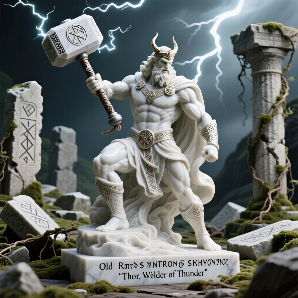 An epic scene of a Norse god wielding a thunderous hammer, amid ancient ruins reclaimed by nature, evoking myth and grandeur