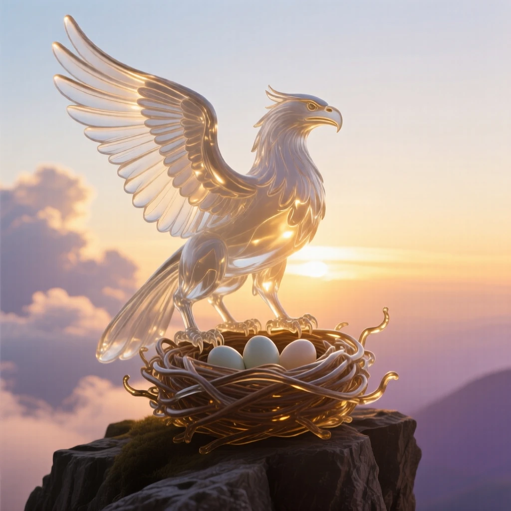 A griffin protecting its nest on a cliffside at golden hour with warm rays breaking through the clouds, epic scale composition, inspiring a sense of wonder and hope.