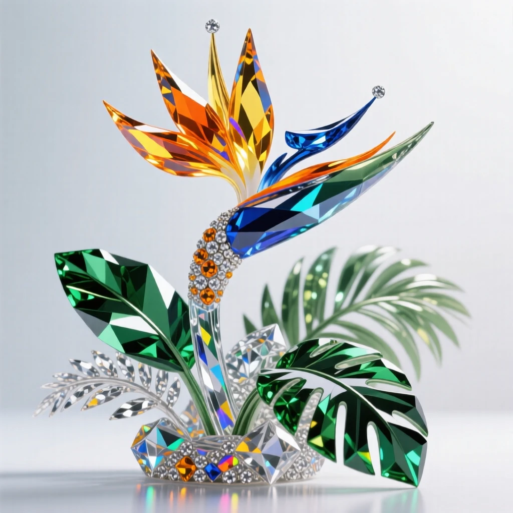 A vibrant bird of paradise flower rising above tropical jungle foliage.