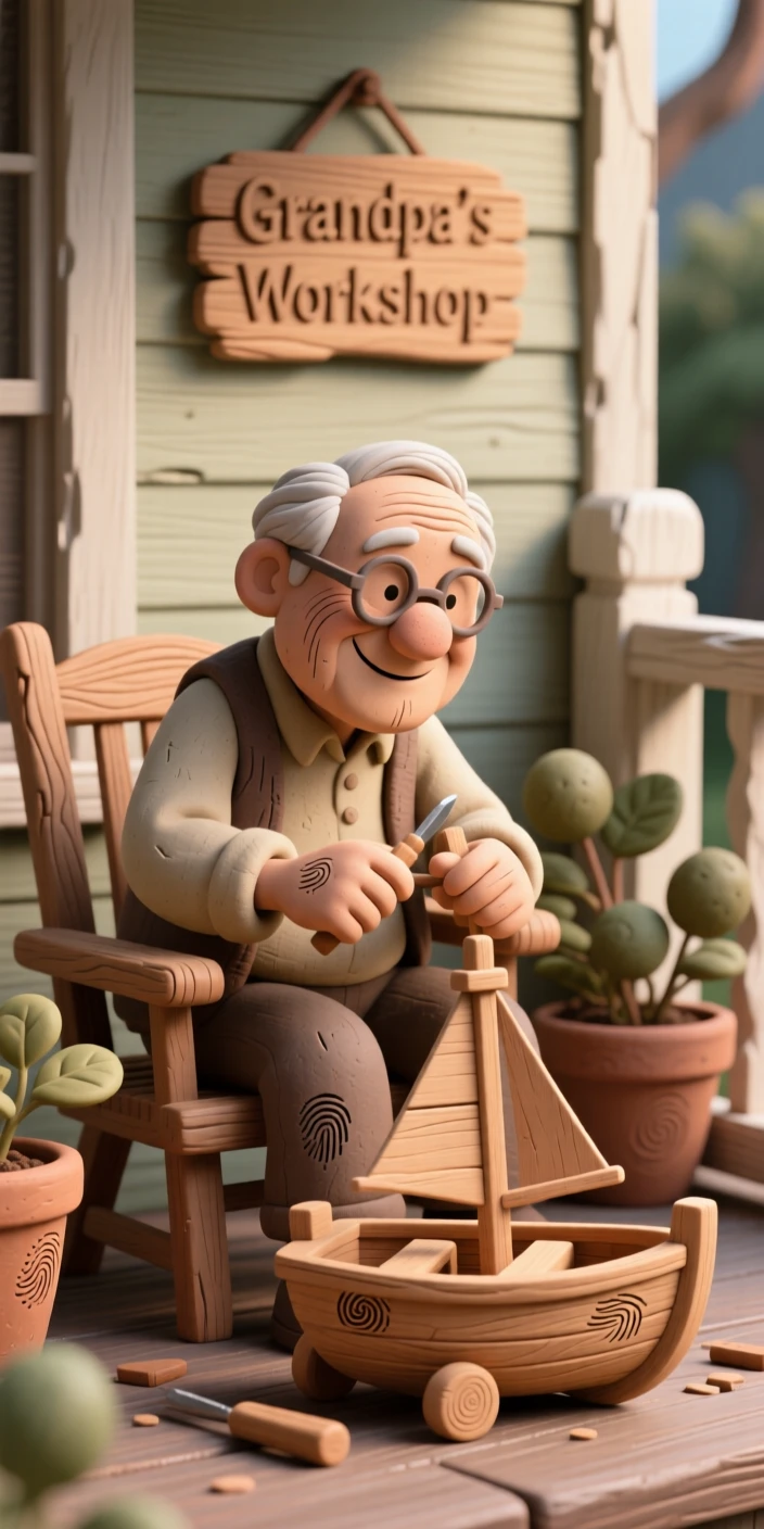 A grandfather whittling a wooden toy boat on his porch