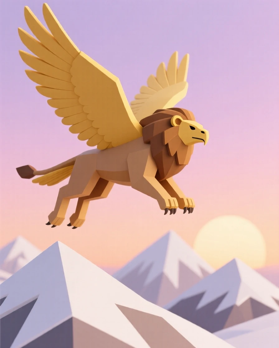 A mighty griffin with golden feathers and a lion's body soars above snow-capped mountain peaks at sunrise.