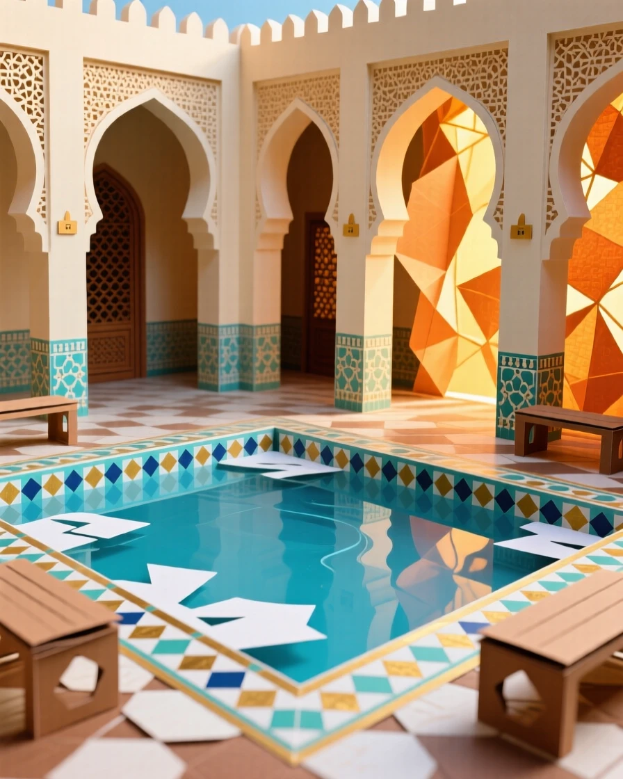 A vibrant Moroccan mosque courtyard with intricate geometric tilework and a reflecting pool, arched doorways framing the golden light, evoking artistic devotion.