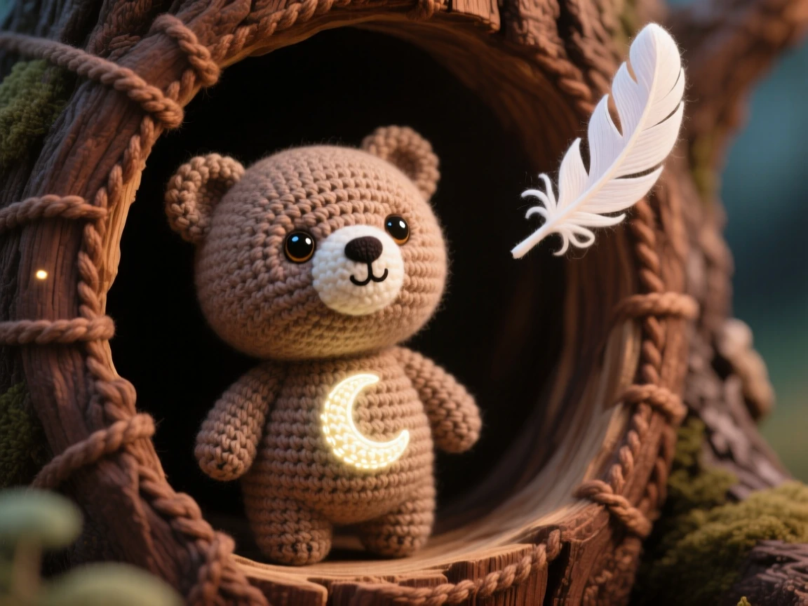 a round baby moon bear spirit, with a glowing crescent mark on its chest, gazing up at the night sky, within a cozy hollow inside a giant tree trunk, near a single floating feather catching the light, radiating playful whimsy and lighthearted charm.