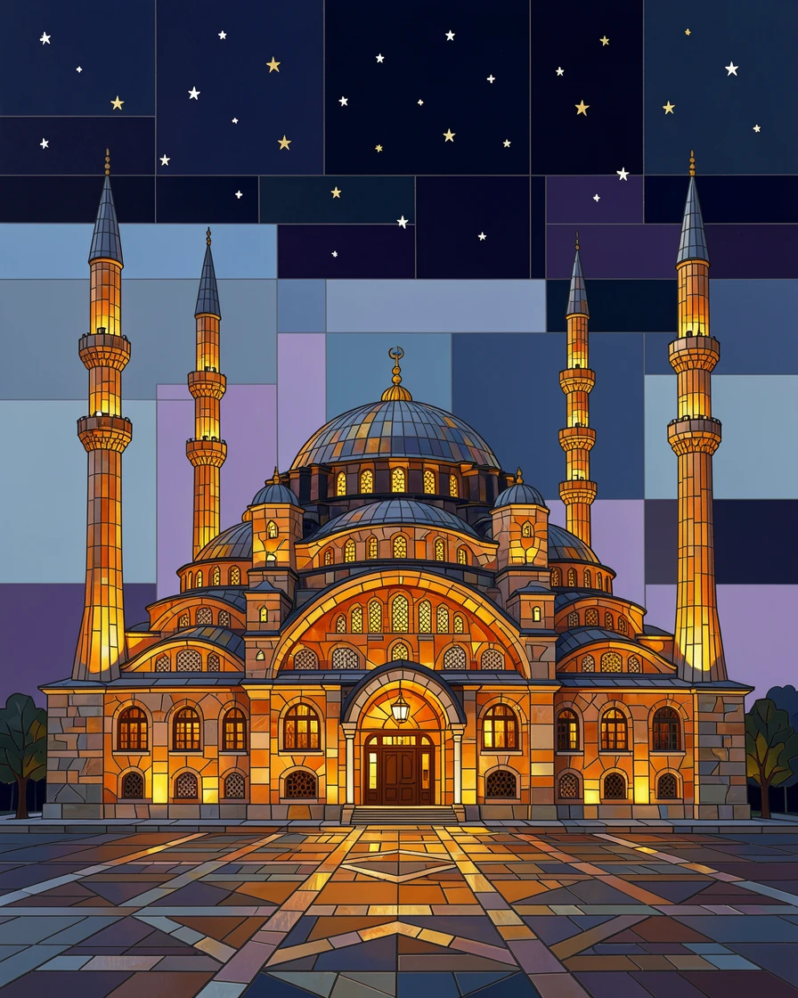 A breathtaking wide-angle view of the Blue Mosque in Istanbul illuminated at night, with rich warm lighting and fine architectural detail.