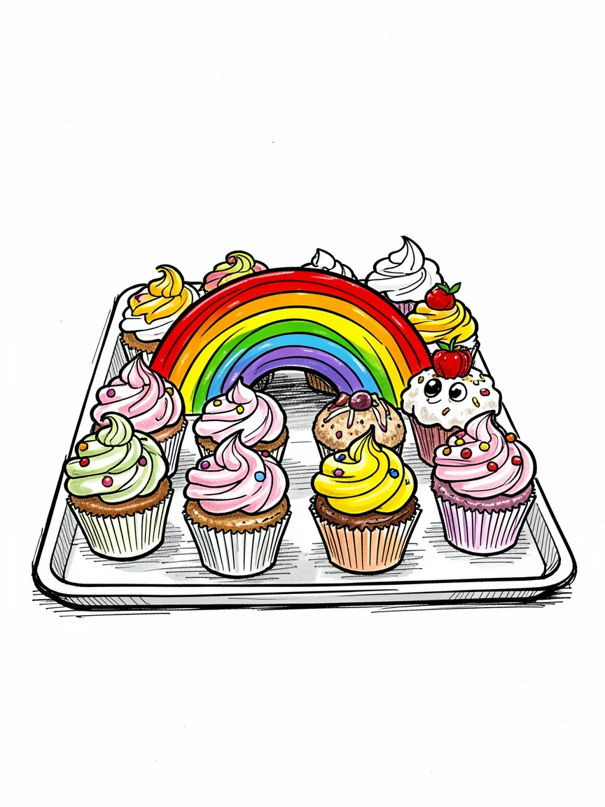 A tray of decorated cupcakes arranged in a neat rainbow row.