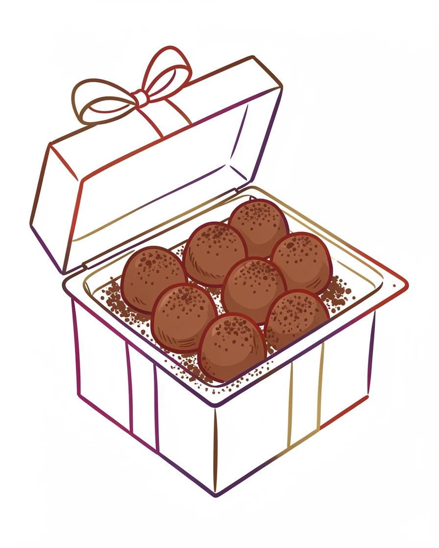 A tray of chocolate truffles dusted with cocoa powder in a gift box.