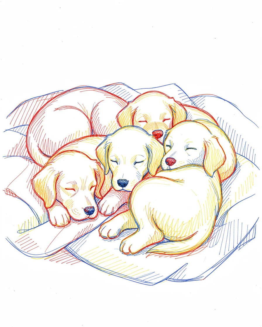 A litter of golden retriever puppies napping in a pile of blankets