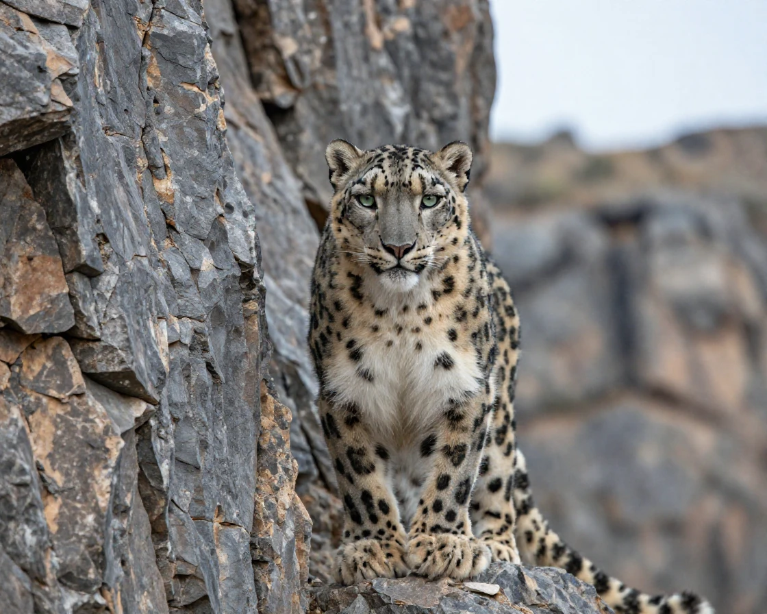 A snow leopard camouflaged among rocky cliffs