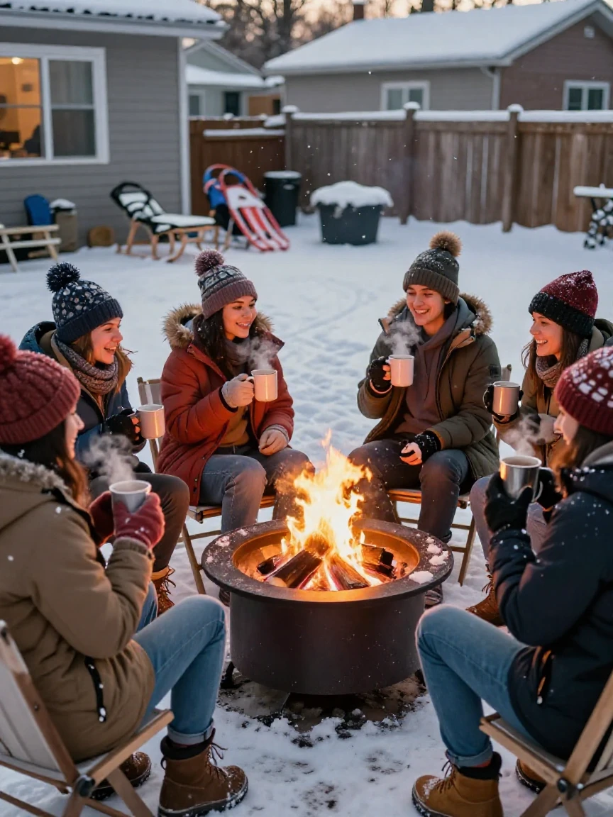 A group shares hot chocolate around a fire pit after a day of sledding.