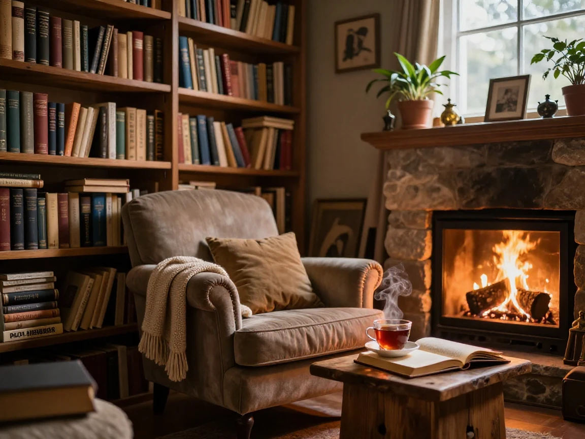 A cluttered but cozy reading nook filled with books and a crackling fireplace
