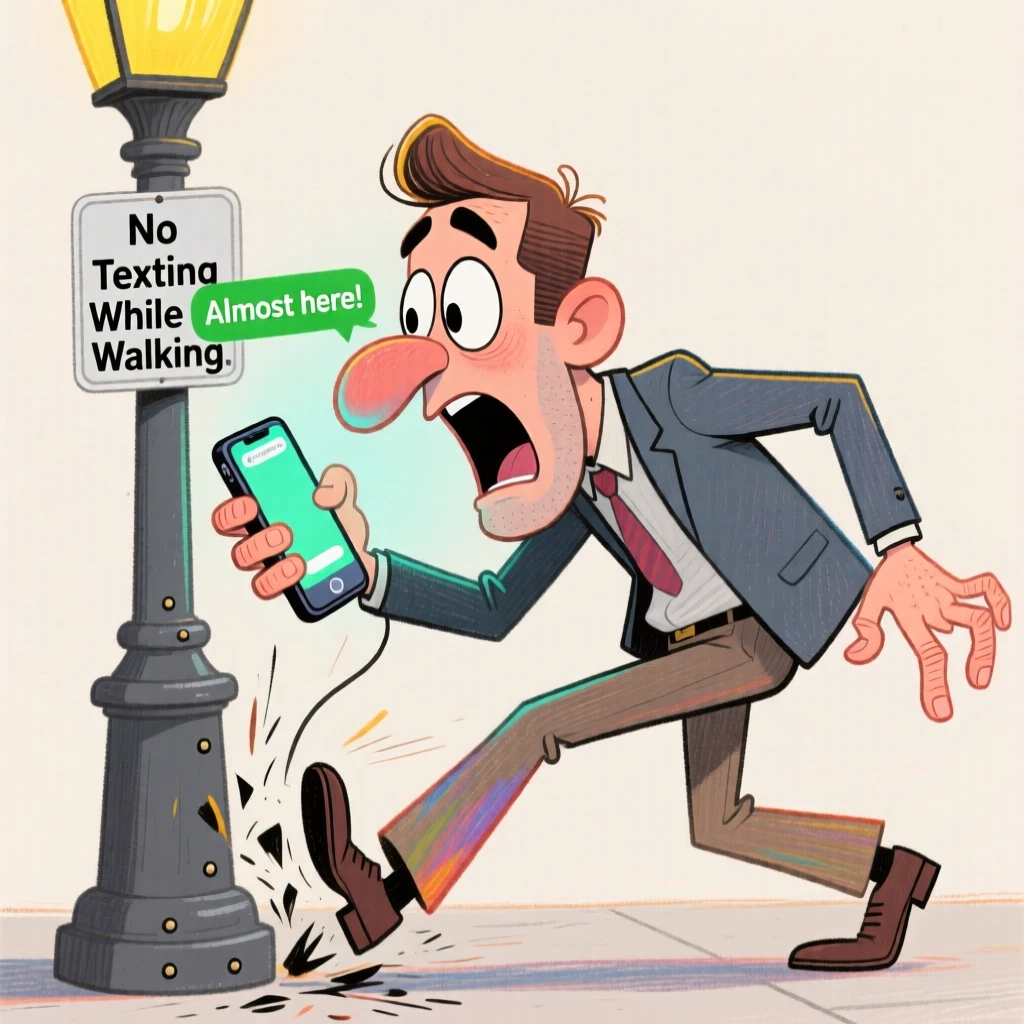 A man trying to text and walk at the same time, about to bump into a lamppost.