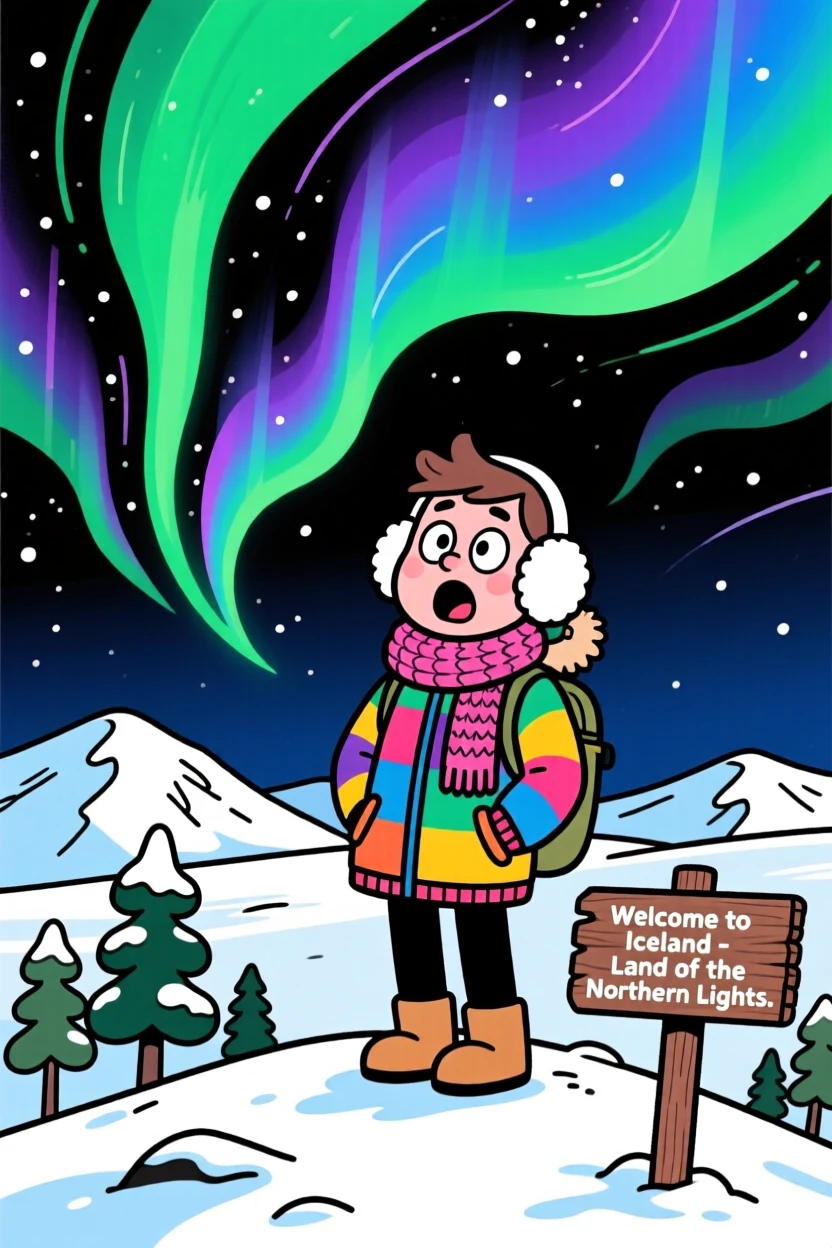 An iconic travel scene featuring a tourist marveling at the Northern Lights swirling above a snowy Icelandic landscape.