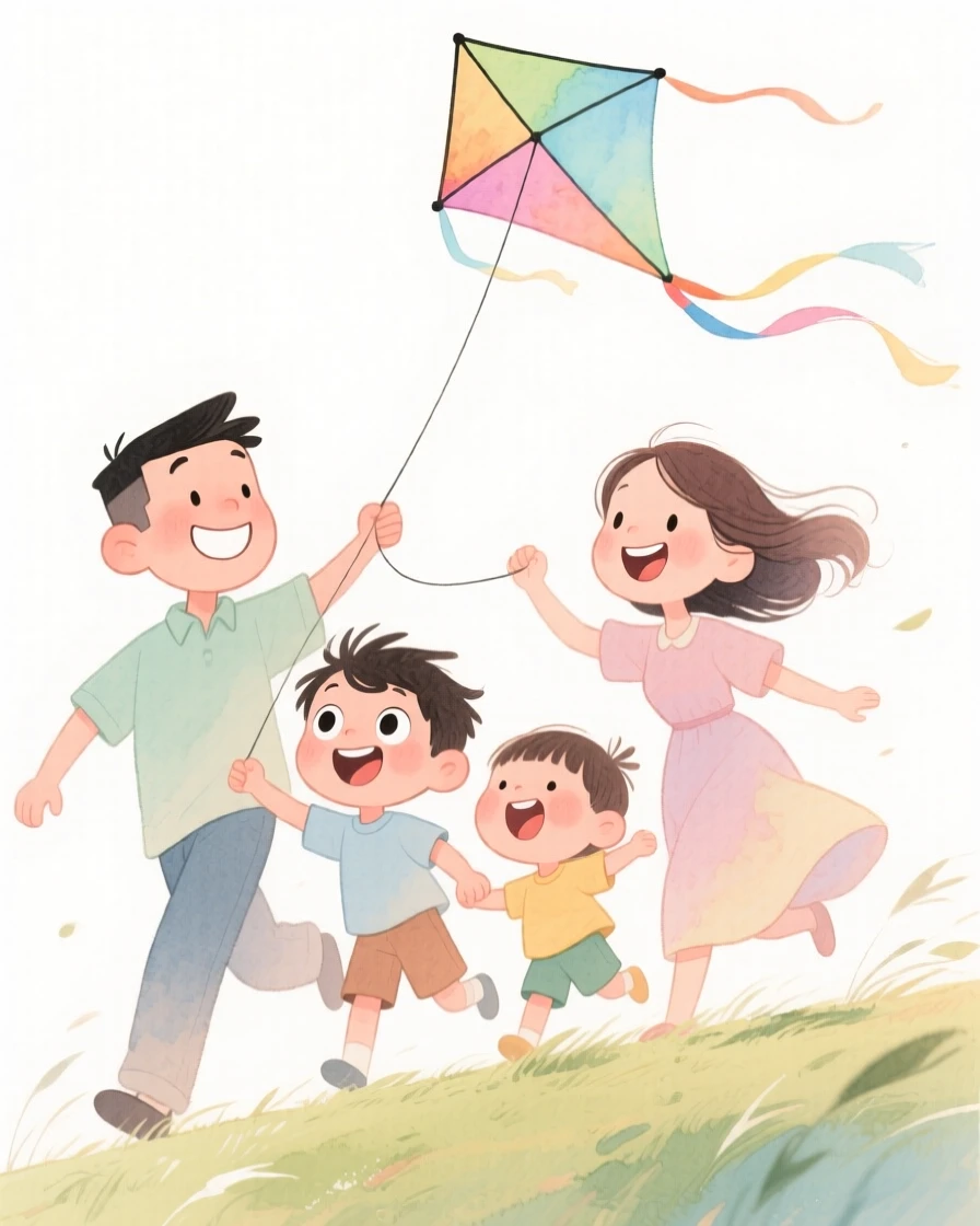 A family of four flying a kite together on a windy hill