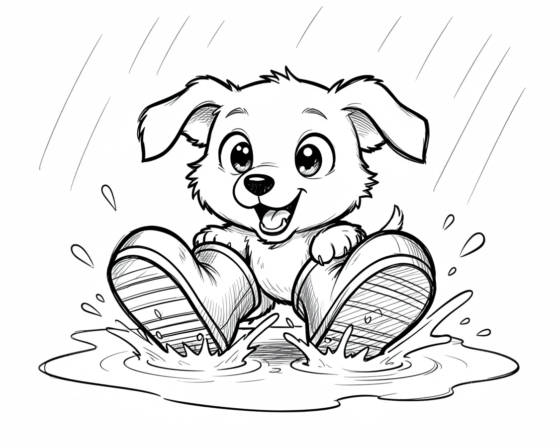 [Cute Animals & Pets] Adorable scene of a tiny puppy wearing oversized rain boots splashing in puddles, bursting with charm and playful energy