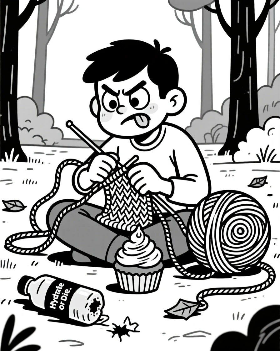 A knitter surrounded by an impossibly tangled ball of yarn, adding one final delicate swirl of frosting, set in a quiet forest clearing. A water bottle is crushed flat from being gripped so hard. The moment captures determination with a comic twist.