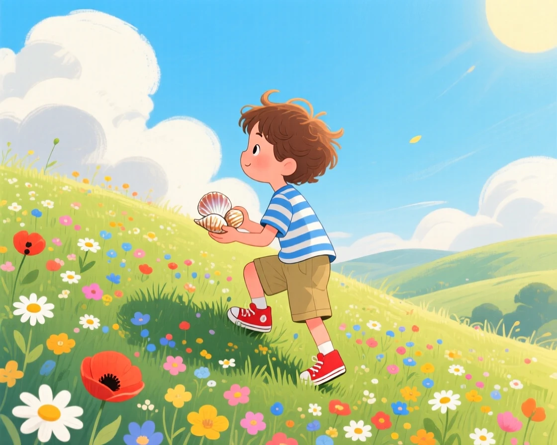In a wildflower meadow, a boy collecting seashells is climbing to the top of a grassy hill for the view, as clouds cast slow shadows across the hills.