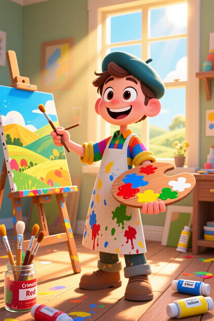 A painter mixing colors on a palette in a sunlit studio.
