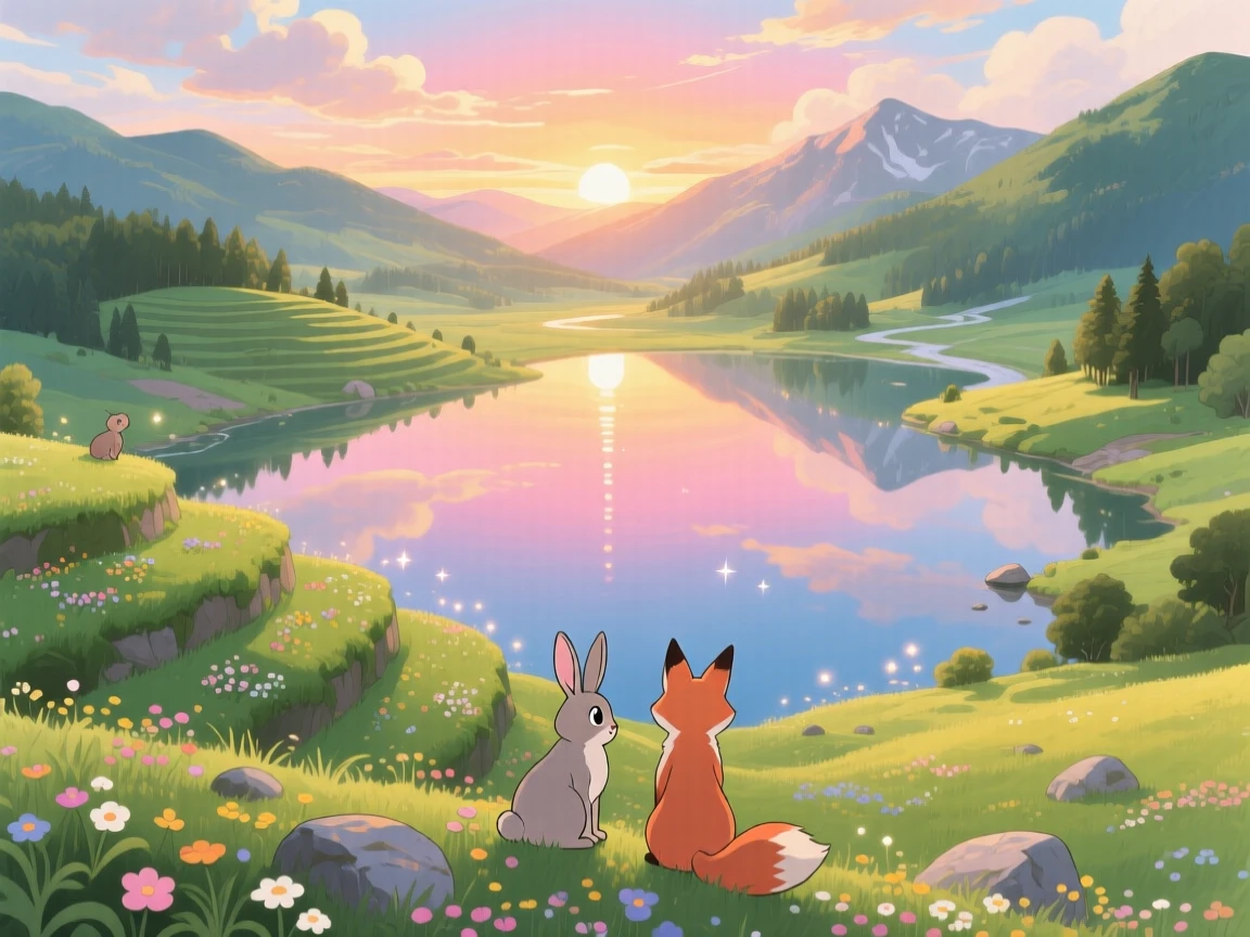 A breathtaking view of a mirror-still alpine lake, with gentle terraces stepping down toward a valley floor, at sunrise, shown from directly above like a patchwork quilt.