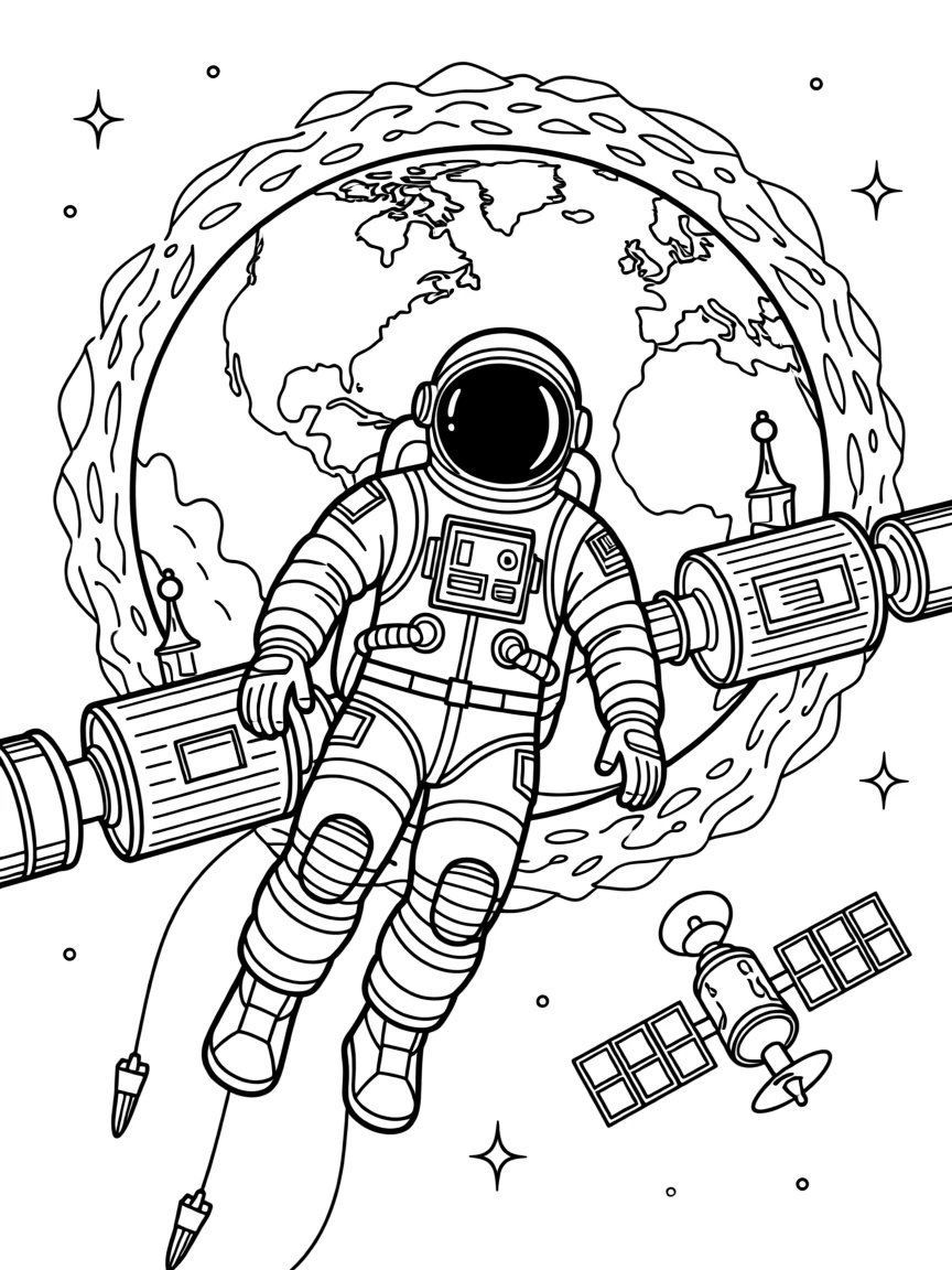 An astronaut floating outside a space station with Earth in view, with rings of ice and rock circling nearby.