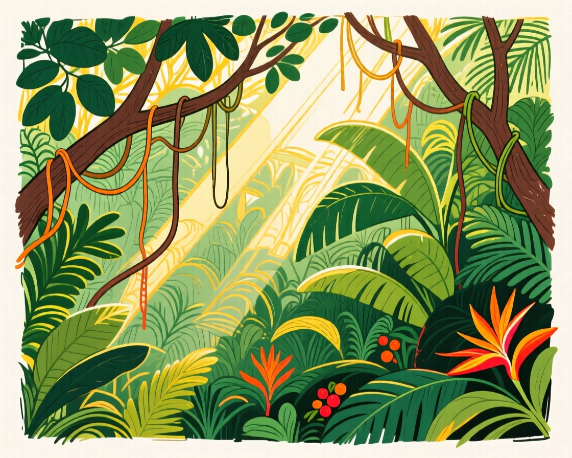 A dense jungle canopy with sunlight filtering through.