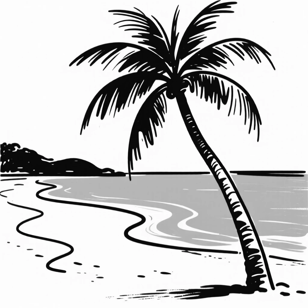 A tropical beach with turquoise water, white sand, and a single palm tree leaning over the shore.