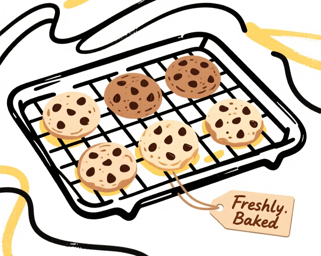 A tray of freshly baked chocolate chip cookies cooling on a rack.