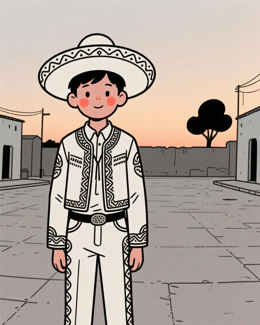 A teenage boy of Egyptian heritage wearing a Mexican charro outfit, exuding gentle warmth, on a village square at dusk.