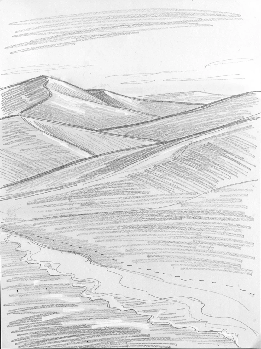 A breathtaking view of a vast desert of rolling dunes, glowing under the last light of sunset, with gentle waves lapping at the shore.