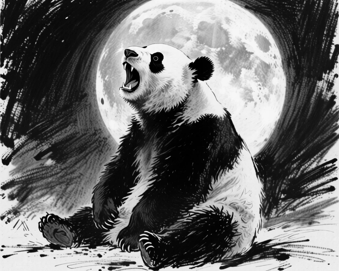 A giant panda howling at a full moon.