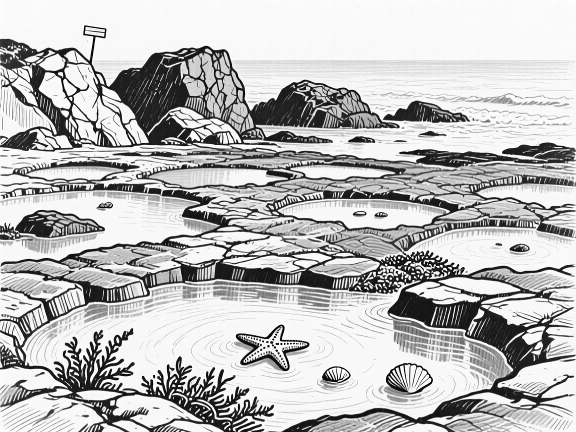 A rocky coastline dotted with tide pools at low tide.