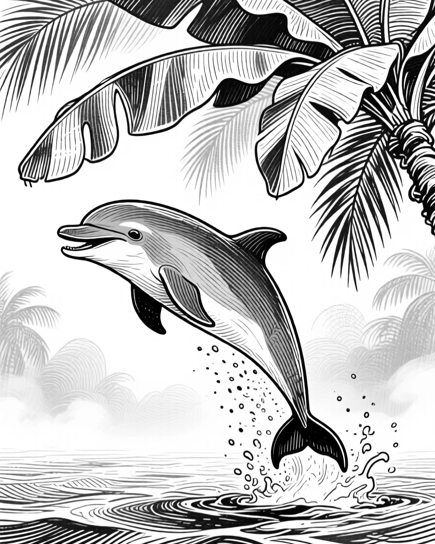 A playful dolphin beneath a canopy of tropical leaves, against a backdrop of drifting mist, capturing a playful and lighthearted moment in nature with a strong, centered focal point.