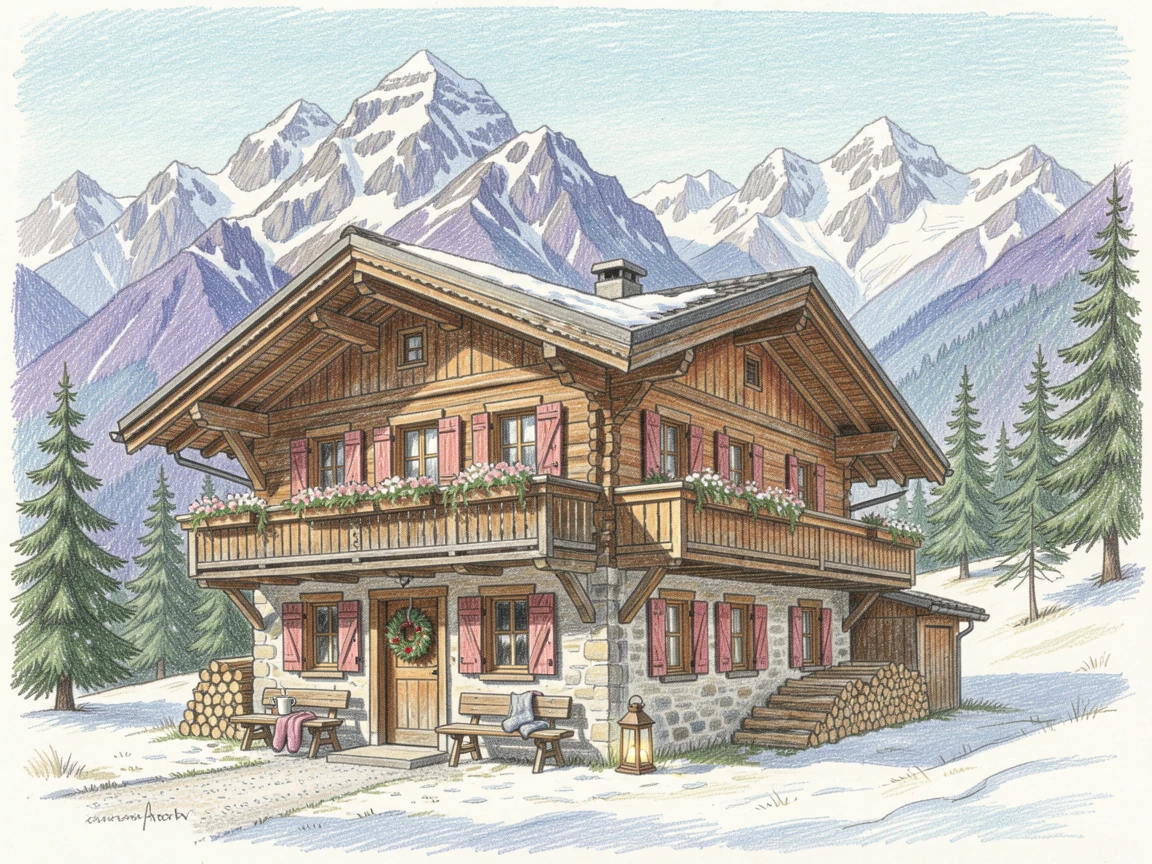 A rustic Swiss chalet nestled beneath snow-capped Alps, bustling gently with quiet everyday life, designed to inspire dreams of travel and adventure.