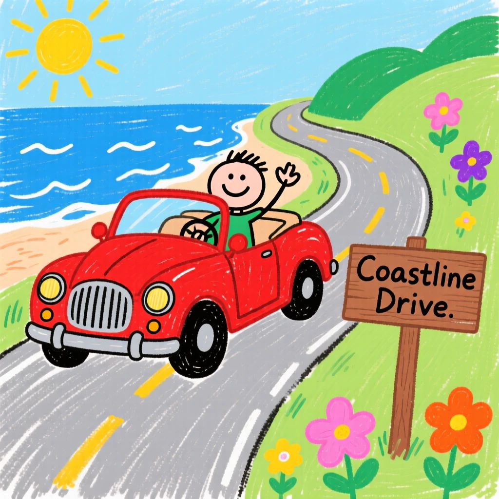 A vintage red convertible traveling along a winding coastal road.