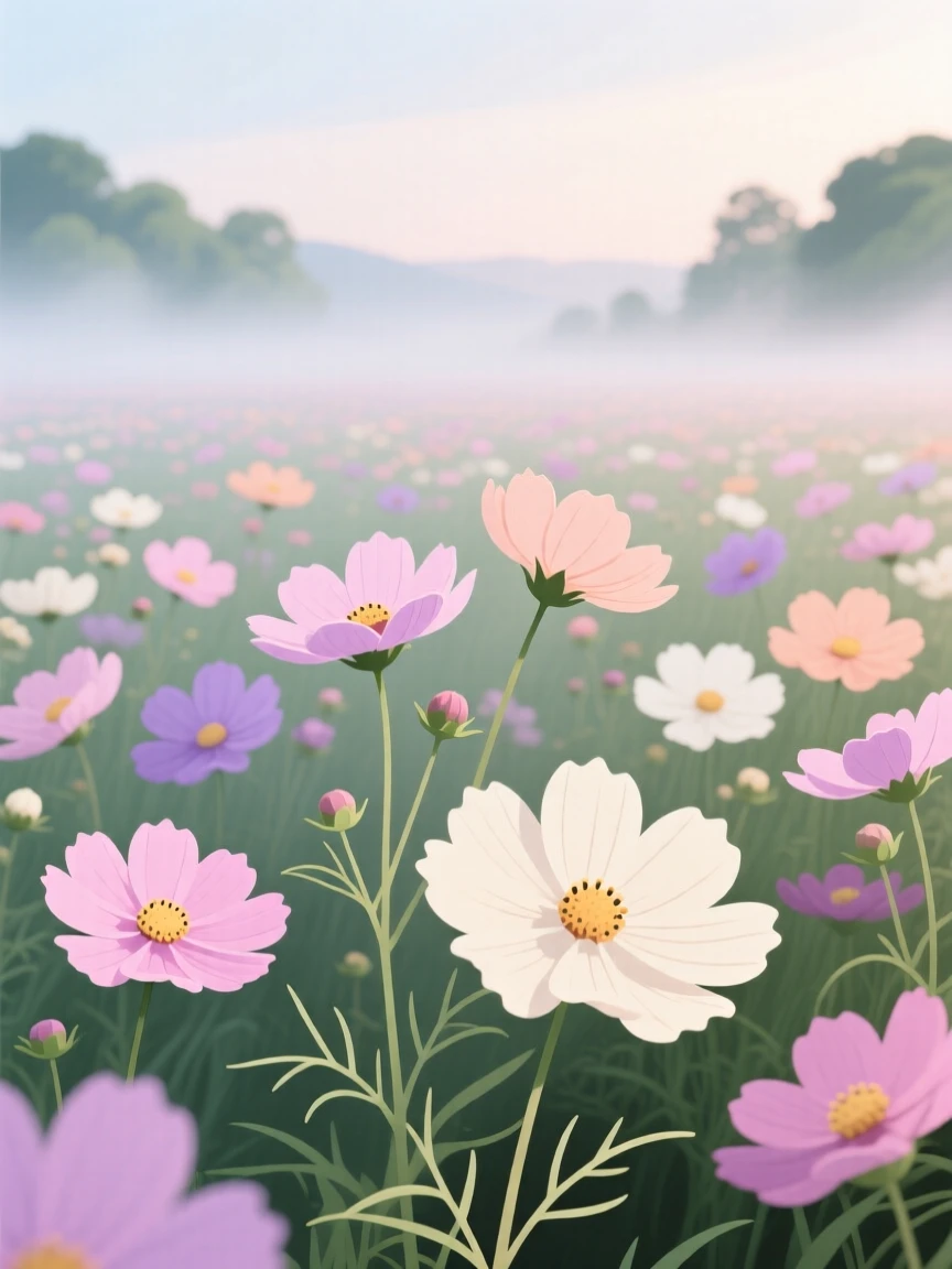 A field of blooming cosmos flowers in soft pastel colors, surrounded by a gentle layer of morning mist, captured from a low vantage point to emphasize scale, with delicate textures visible in every leaf and petal.