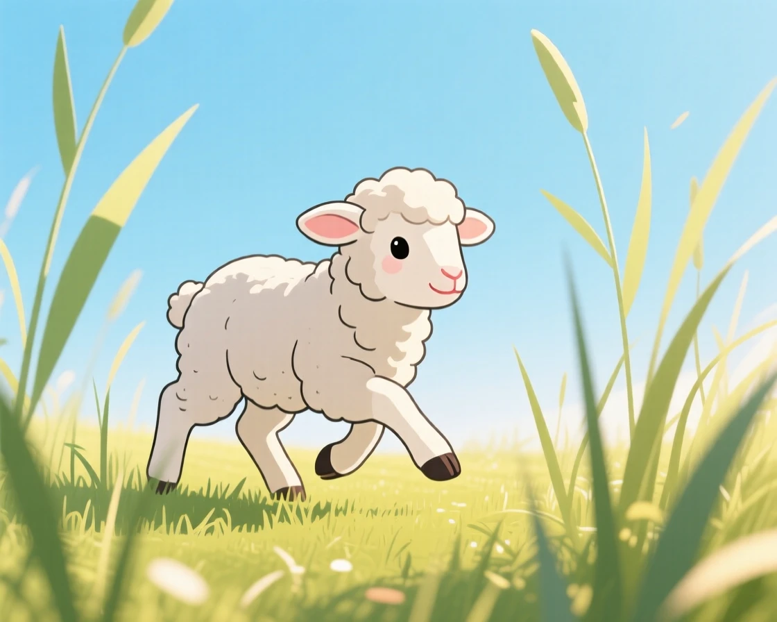 A playful lamb exploring tall grass in a sunny meadow.