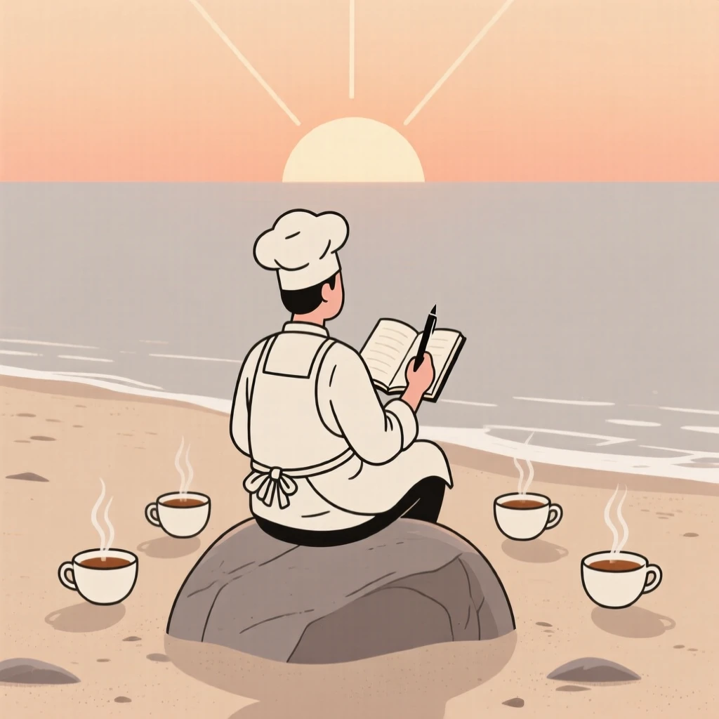 A chef writing in a journal in a beach at sunrise, surrounded by steaming cups of tea, conveying shared belonging.