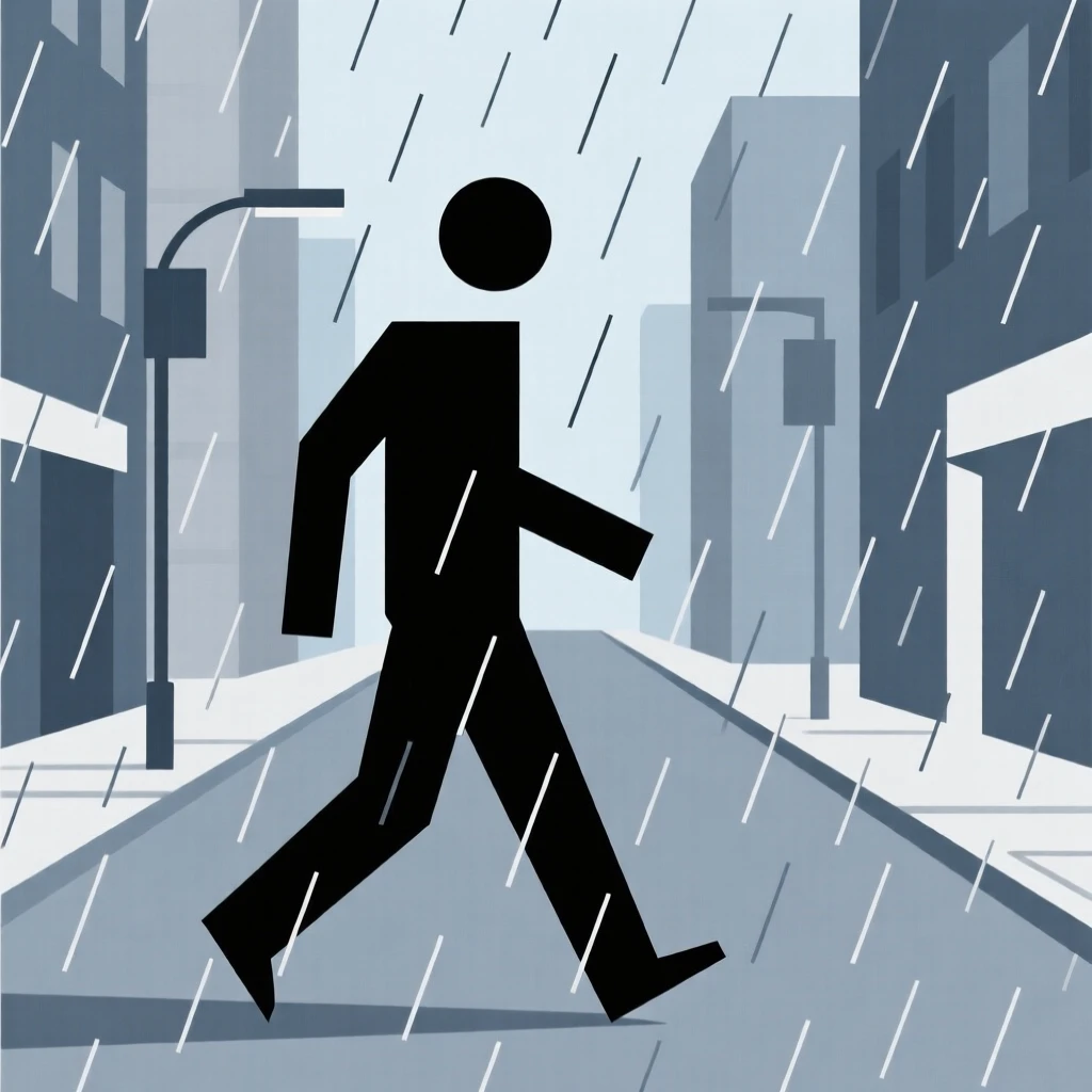 A man walking briskly through a rainy city street