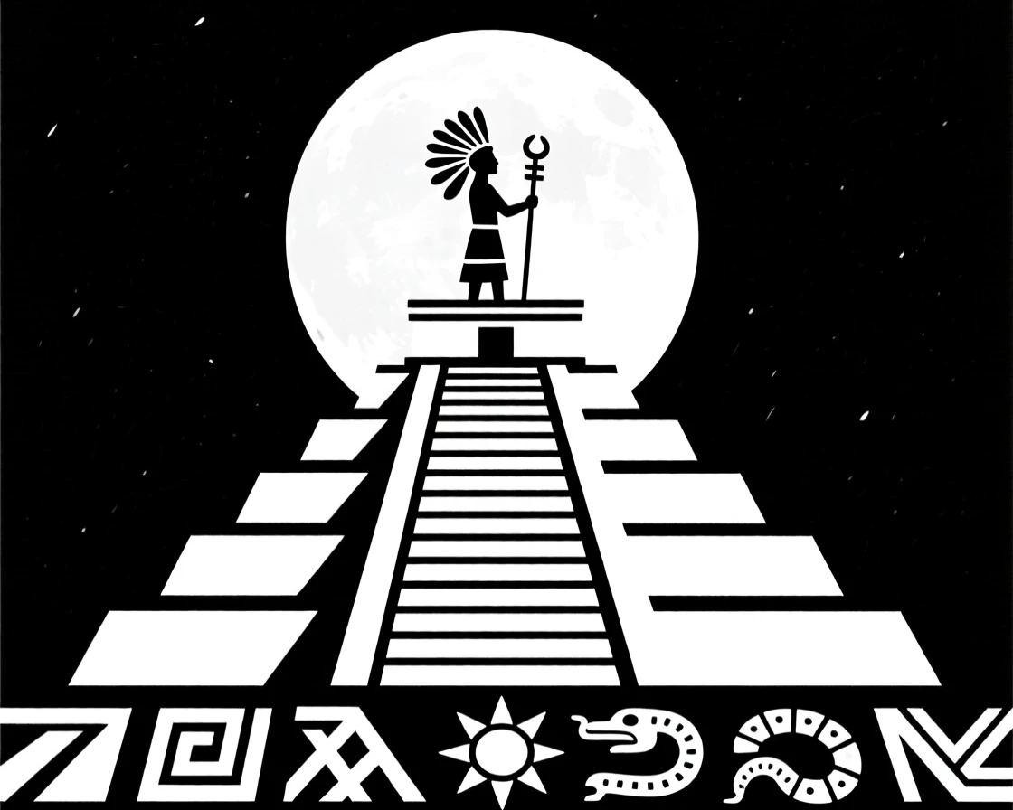 An Aztec temple ceremony beneath a full moon.