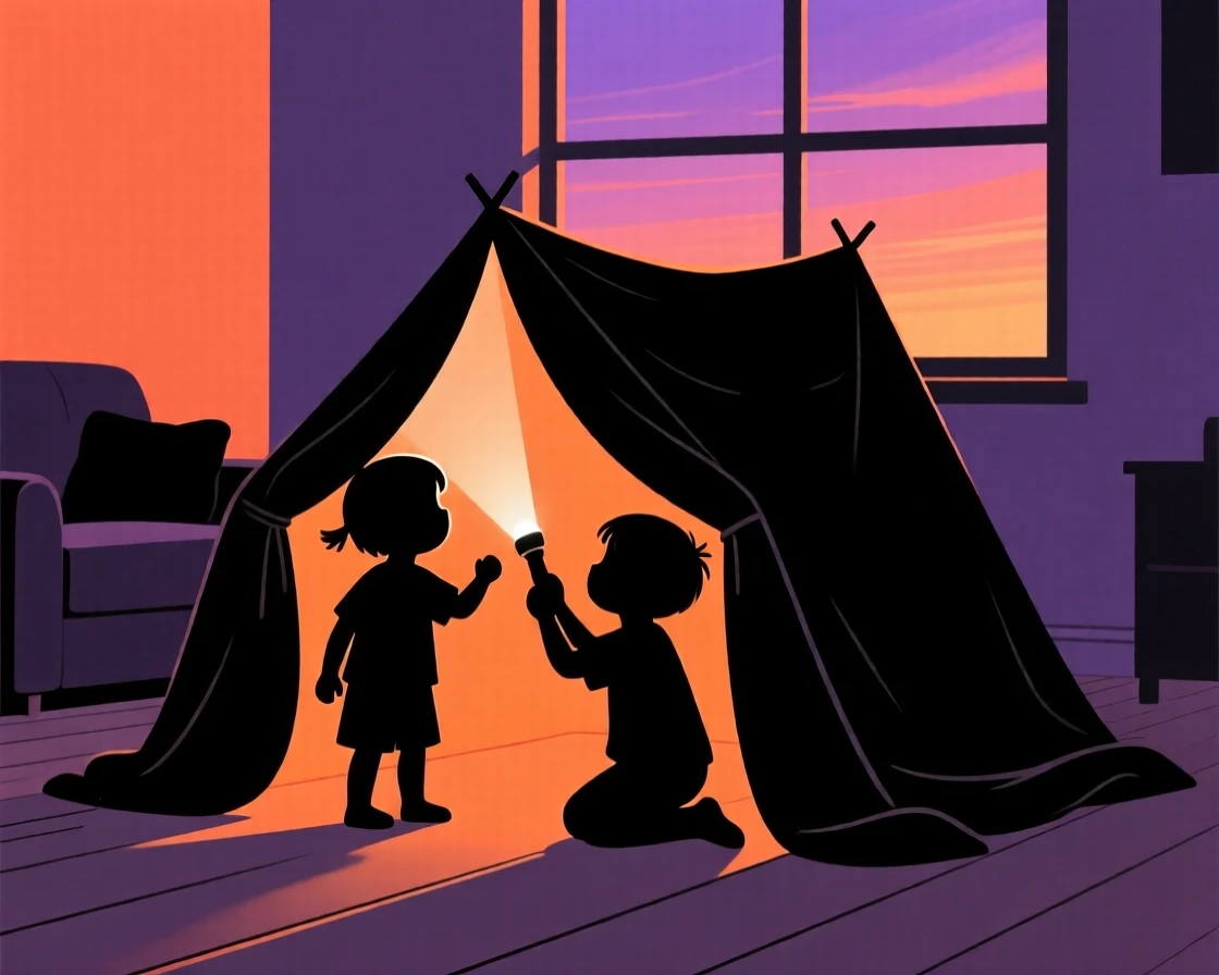 Two children building a blanket fort together in a living room, flashlight in hand.