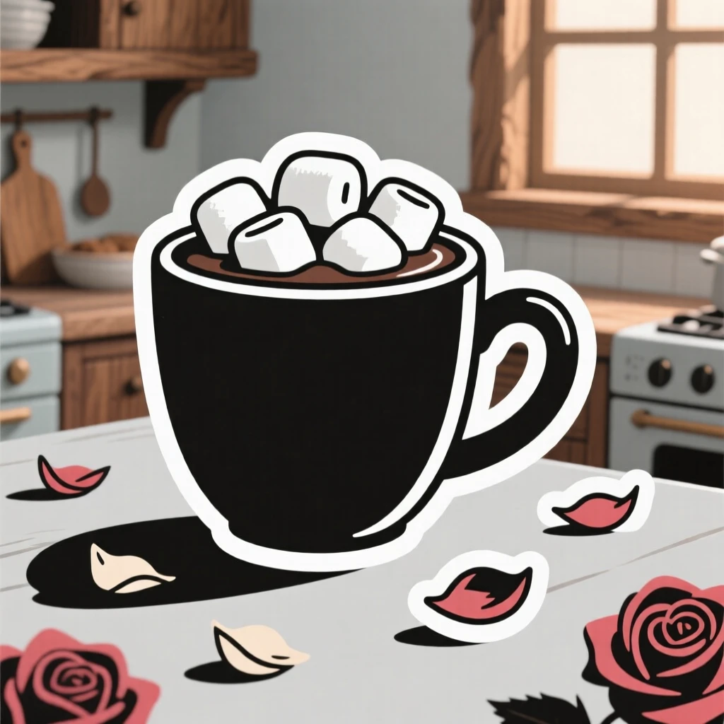A softly lit cup of hot chocolate with marshmallows, surrounded by scattered rose petals, in a cozy cottage kitchen.