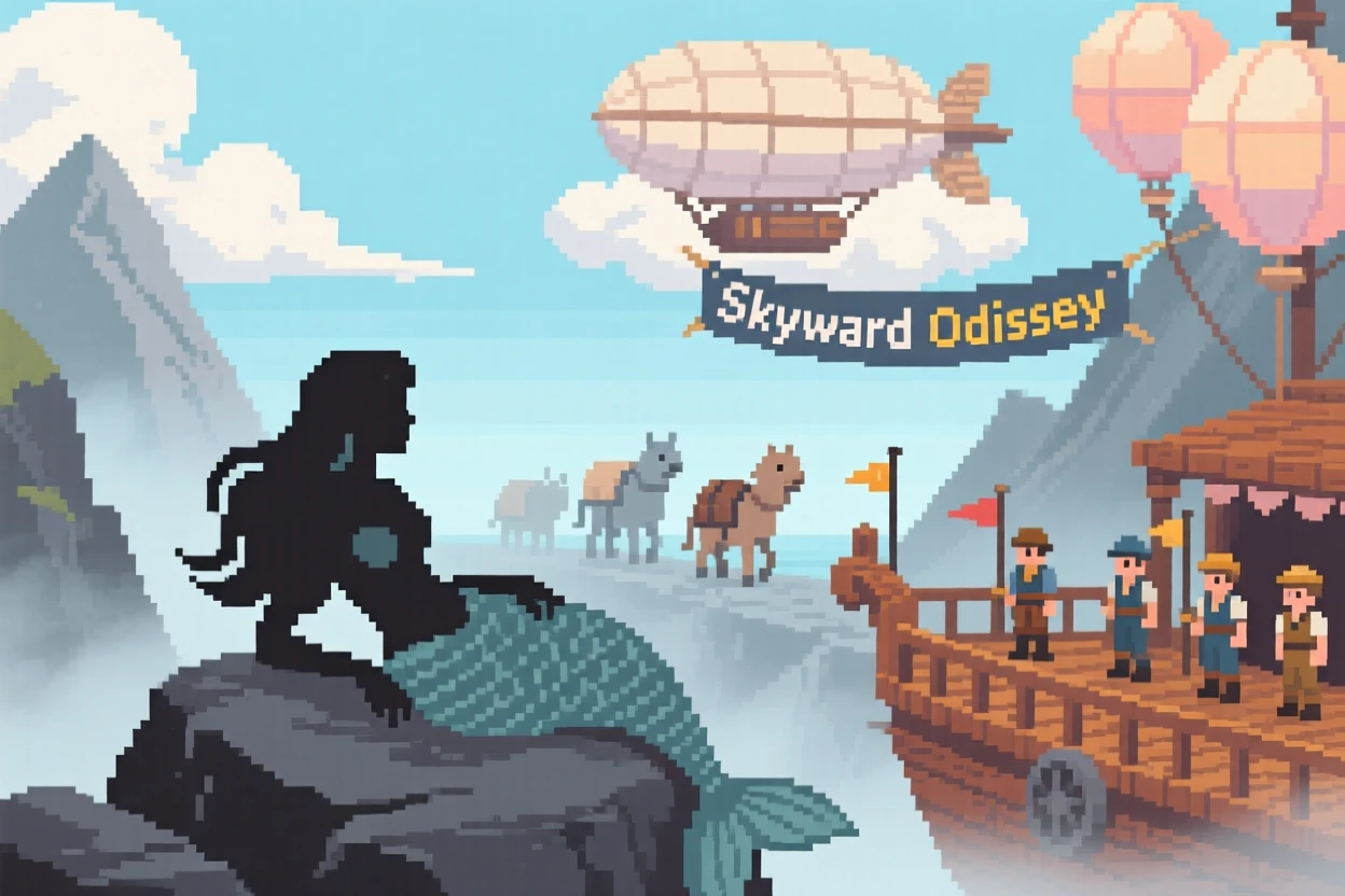 A mermaid resting on a rock leading a caravan through a misty pass, on the deck of an airship among the clouds.