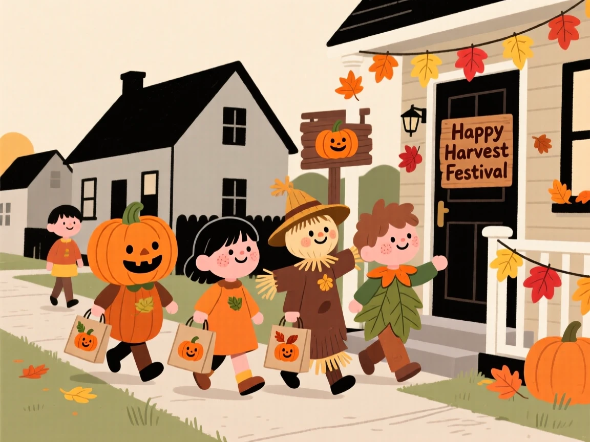 Children in colorful costumes carry small paper bags through a quiet neighborhood street decorated for a harvest festival, giggling at every doorway.
