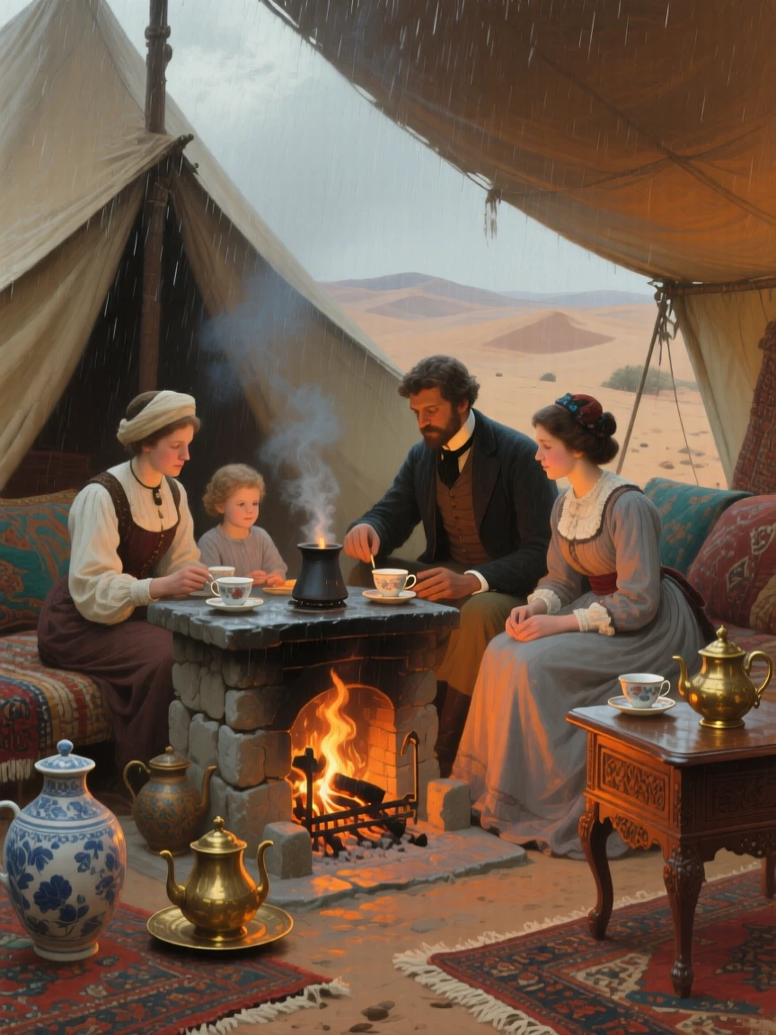 A well-framed scene of a family sharing tea around a crackling hearth on a rainy afternoon, in the Sahara desert, during the colonial era.