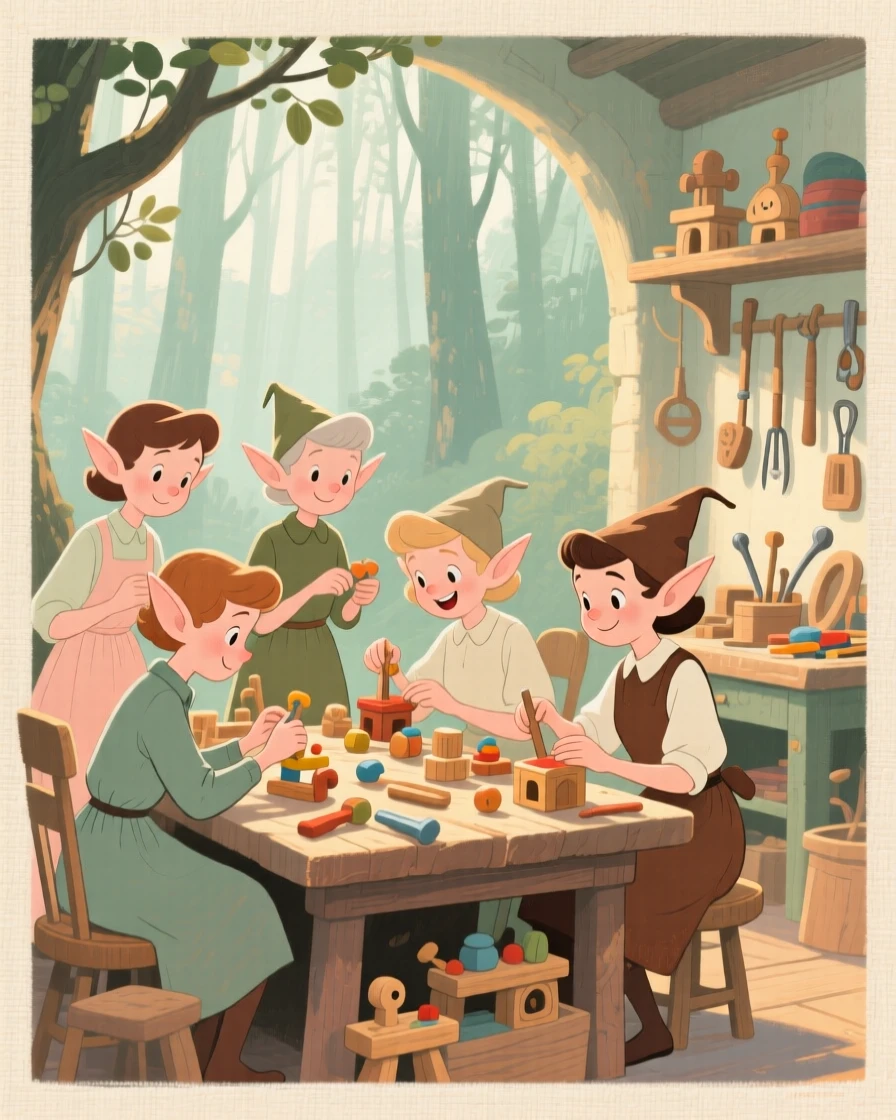 A group of elves crafting toys in a workshop deep in the forest