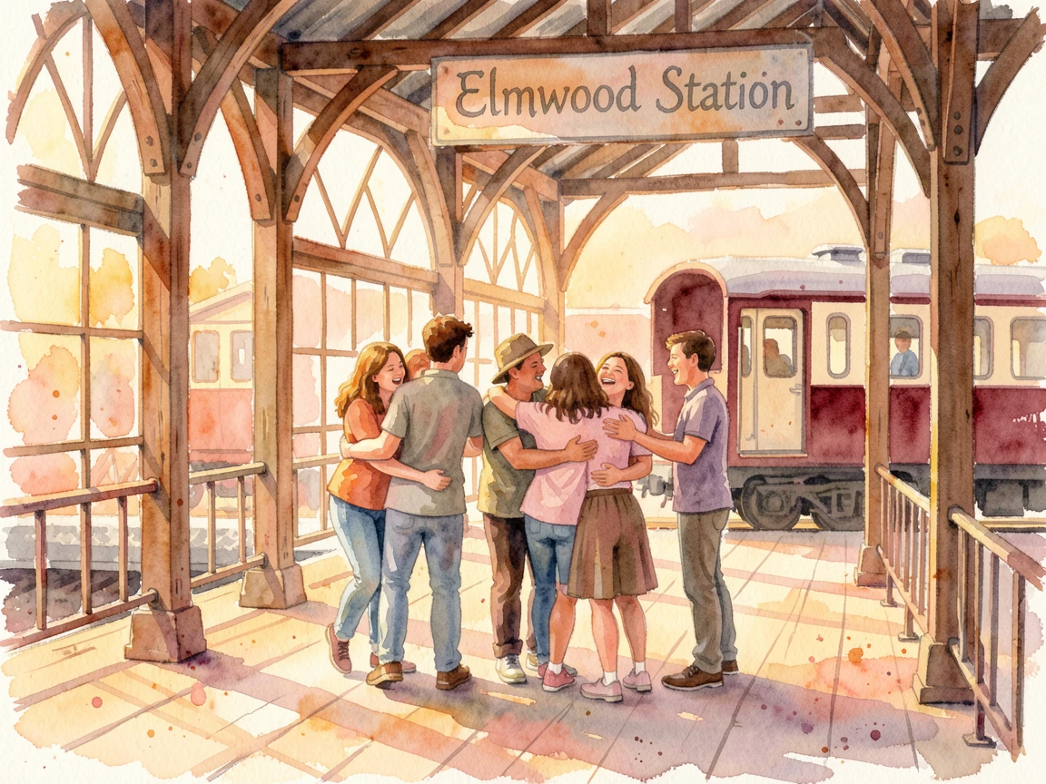 A group of childhood friends reuniting at a train station as golden light bathes the scene.