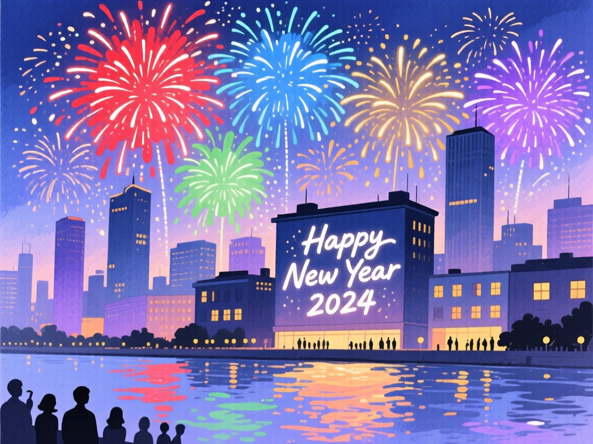 Fireworks burst in brilliant colors over a city skyline during a joyful New Year's Eve celebration