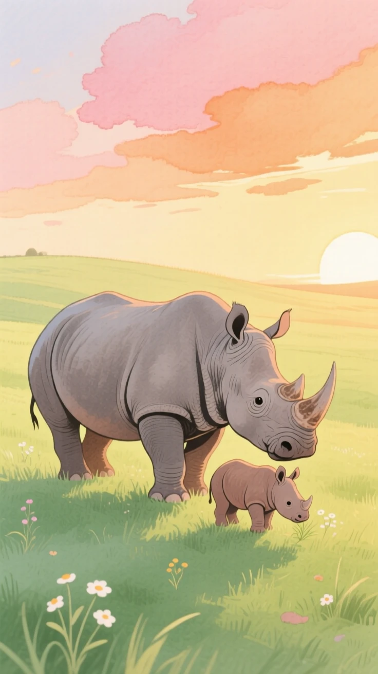 A rhinoceros and her calf grazing at sunrise, captured in a moment of quiet wonder.