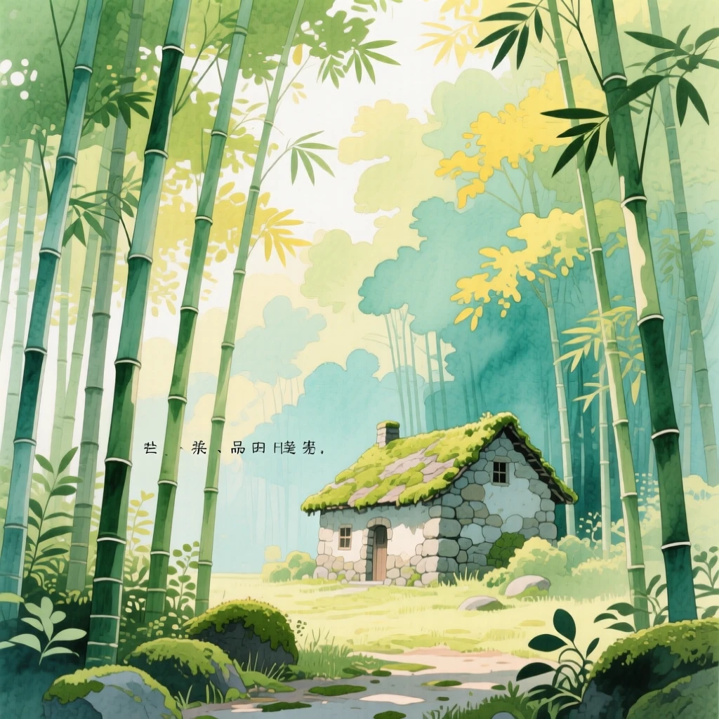 A quiet bamboo forest with light filtering through the stalks, with a small stone cottage nestled in the distance, filled with quiet majesty and stillness.