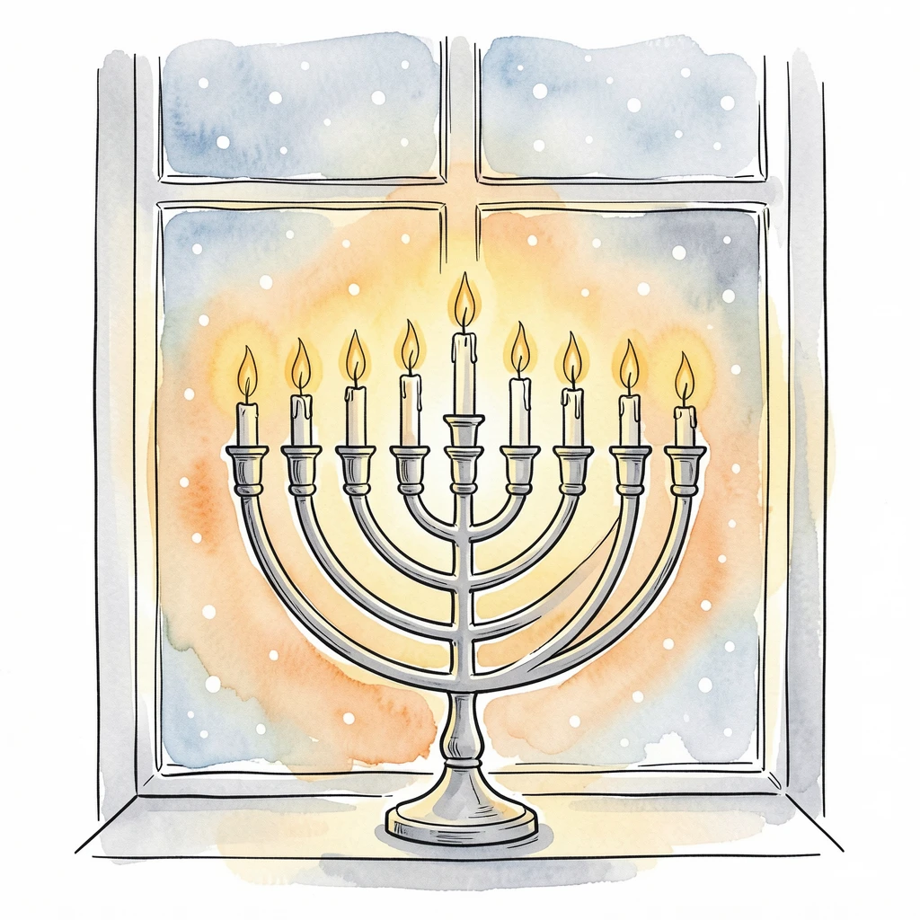 A Hanukkah menorah glowing in a window as snow falls softly outside